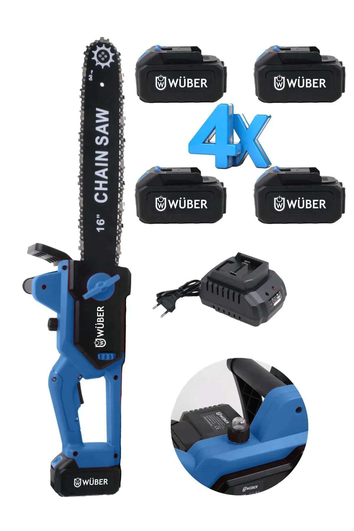 Wüber Pro Xl 4 Bataryali 2 Adet Şarj Cihazli Otomatik Yağlama 10 Pilli 16inch Yeni Nesil Odun Dal Kesme
